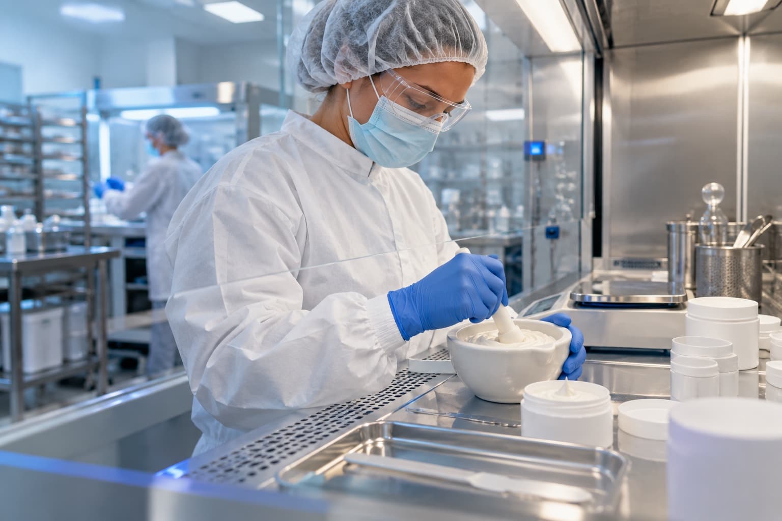 A Specialty Rxcare cleanroom technician preparing a compounded topical cream