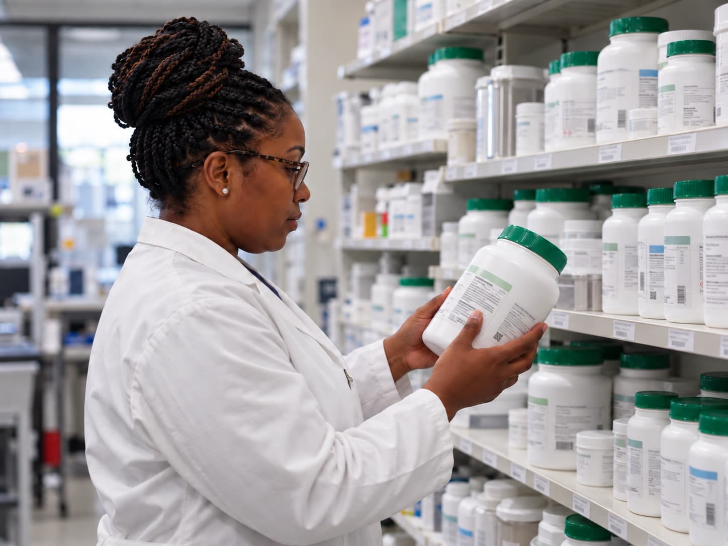 A pharmacist checking a medication label against the shelf stock